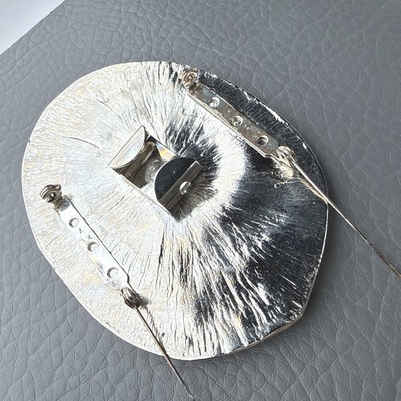 Vintage Belt Buckle Brooch Brutalist Abstract Modernist Silver Tone Oval Pin - Picture 5 of 9